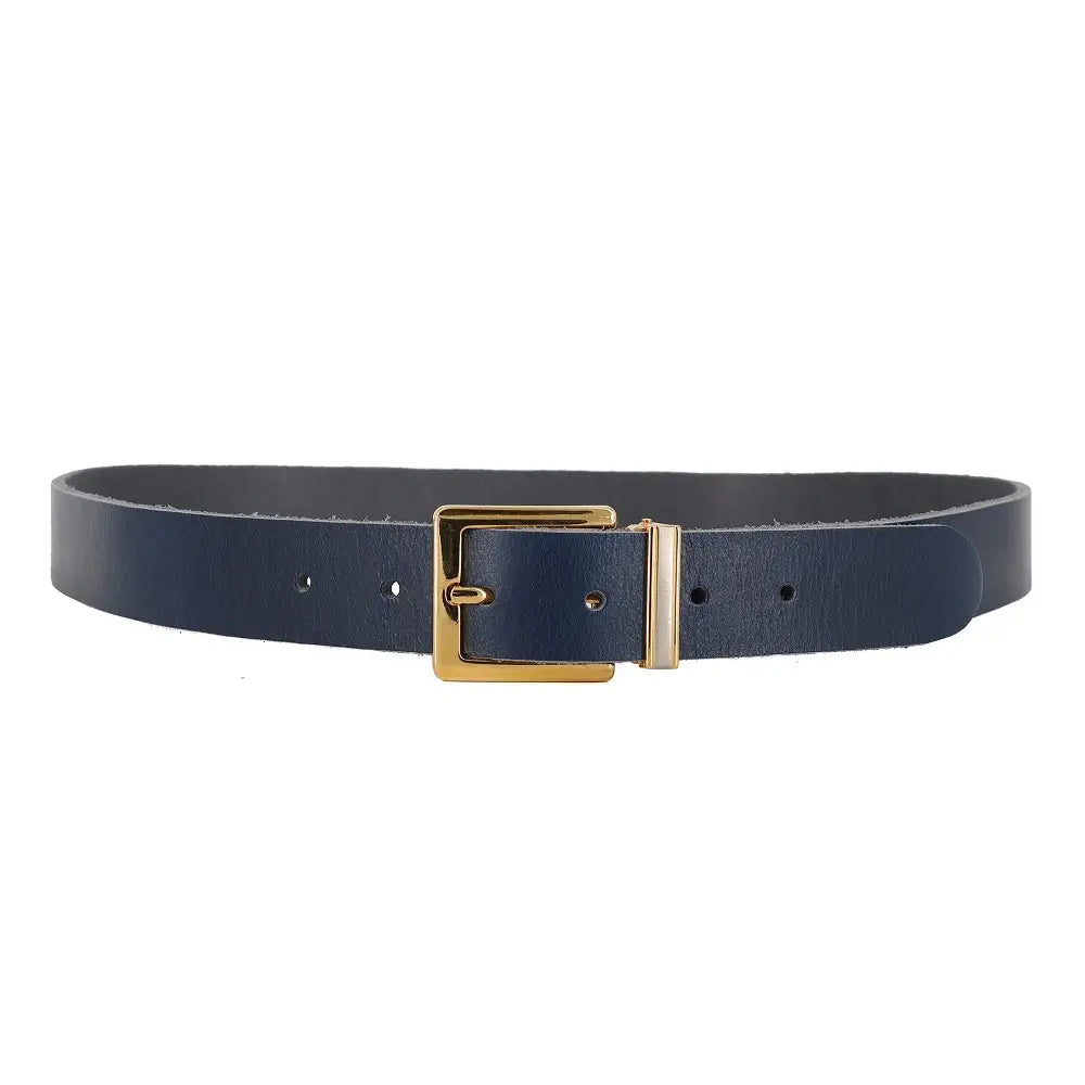 Navy leather belt with a gold buckle on a white background