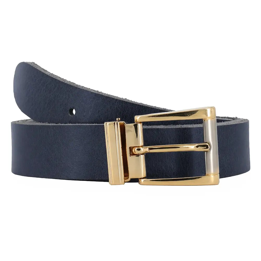 Front view of Navy leather belt with a gold buckle on a white background