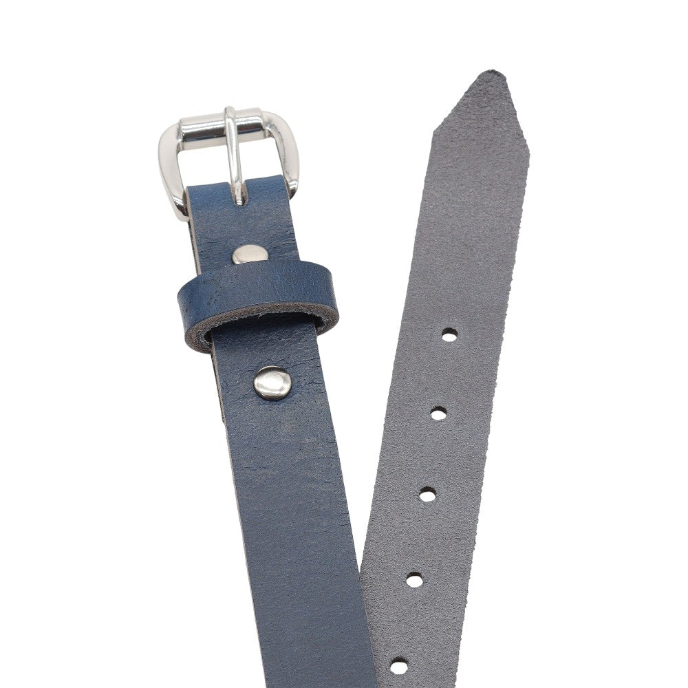 Top angle view of Navy  leather strap with silver buckle on a white background