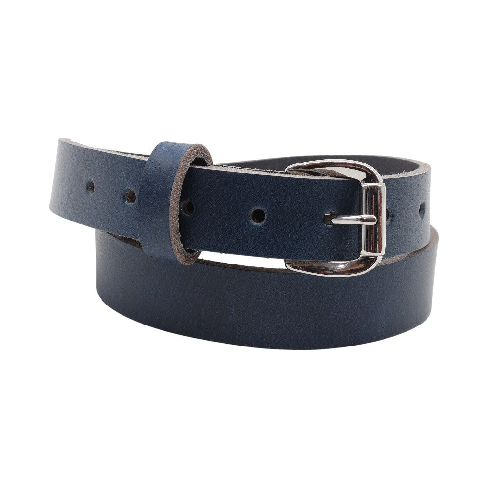 Navy leather belt with a silver buckle on a white background