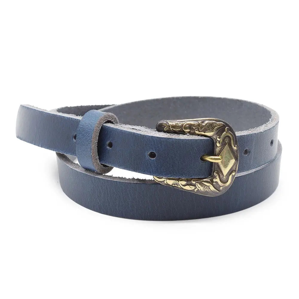 Front view of Navy leather belt with a gold buckle on a white background