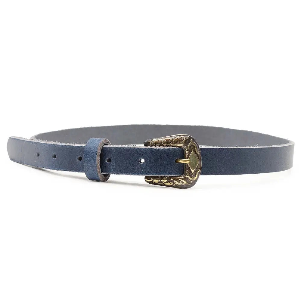 Full width view of Navy leather belt with a gold buckle on a white background
