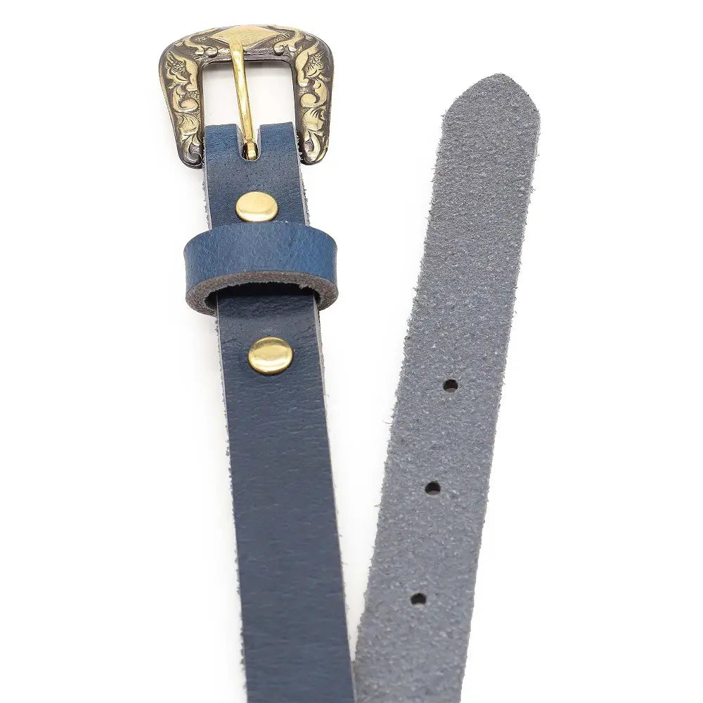Top angle view of  leather belt with gold buckle on a white background