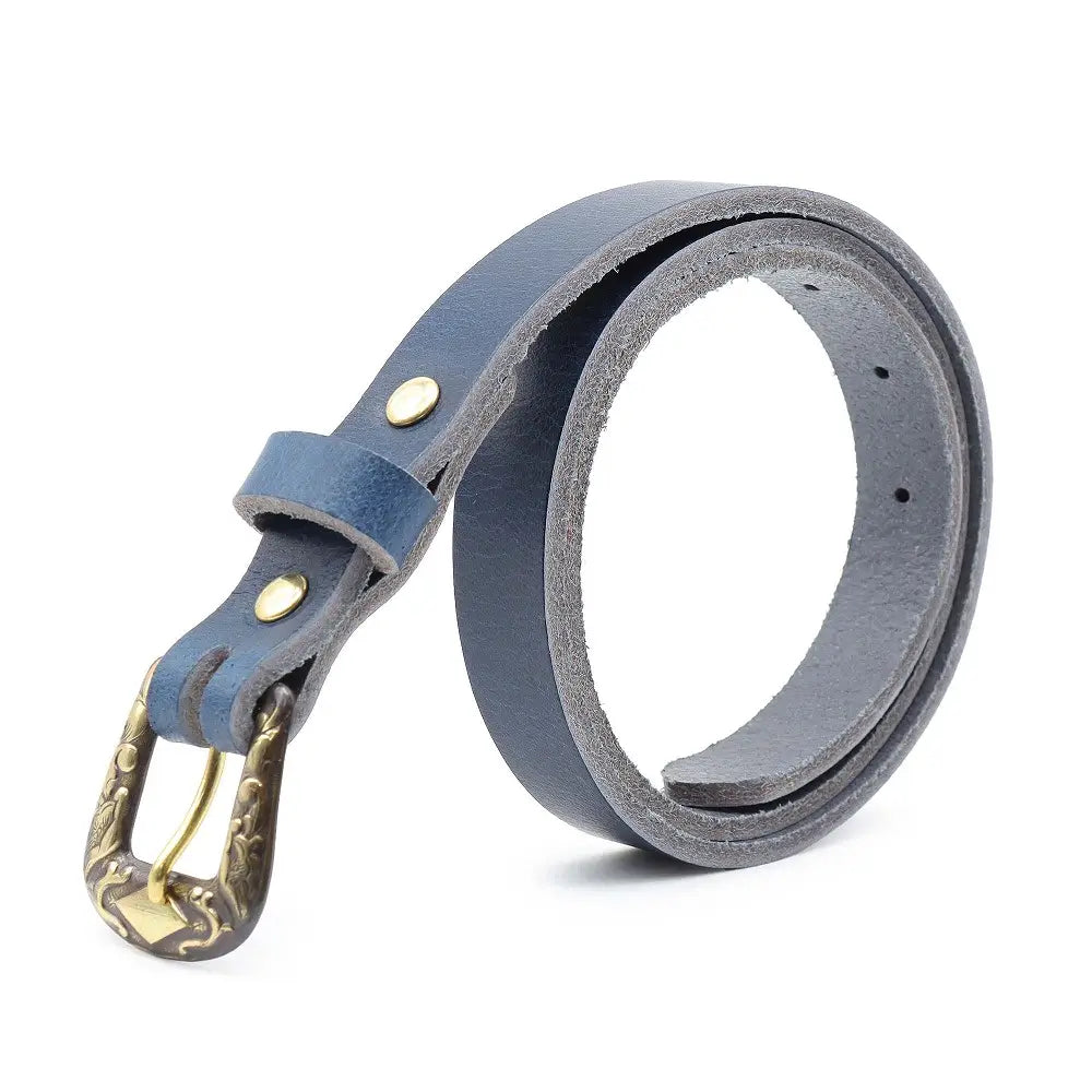 Navy leather belt with brass hardware on a white background