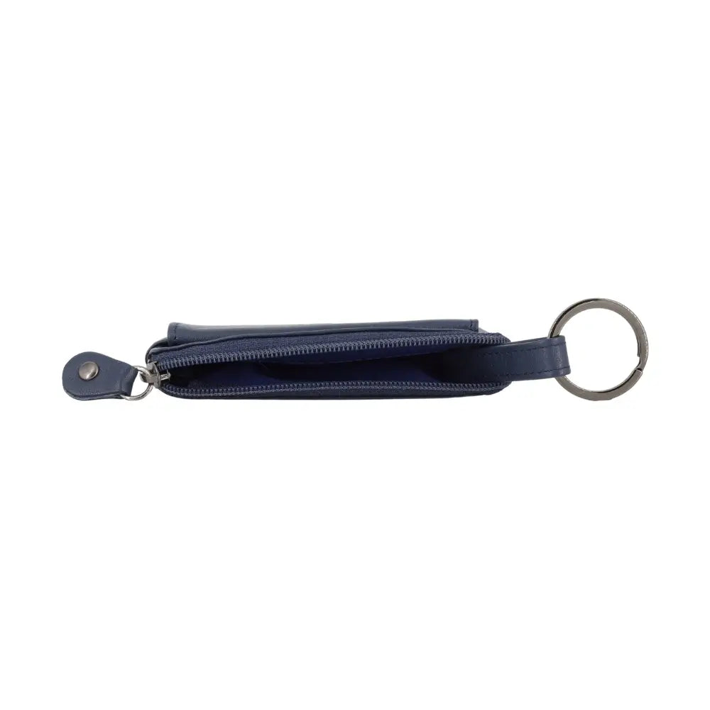 Navy wallet with a key ring on a white background