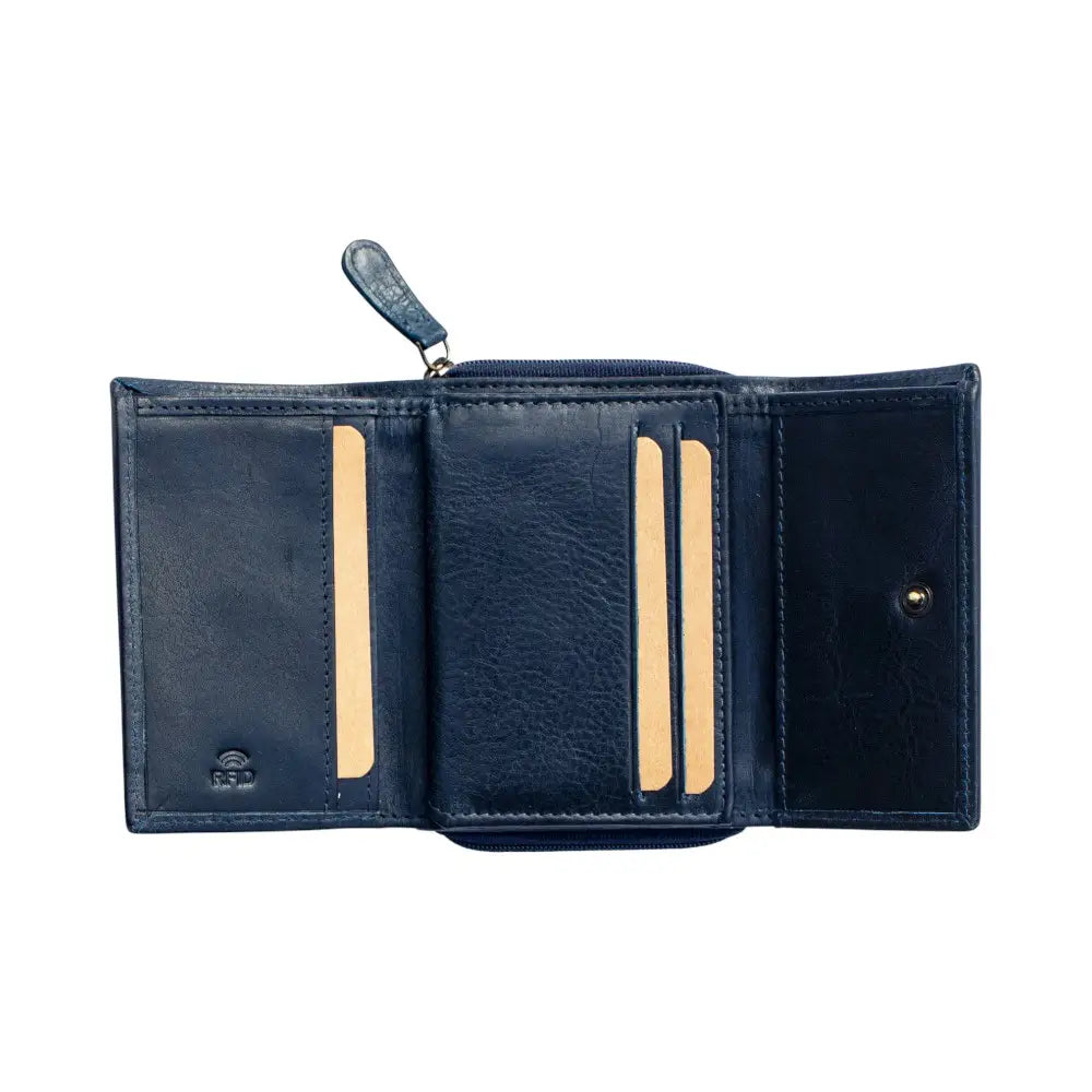 Navy leather wallet with gold accents on a white background