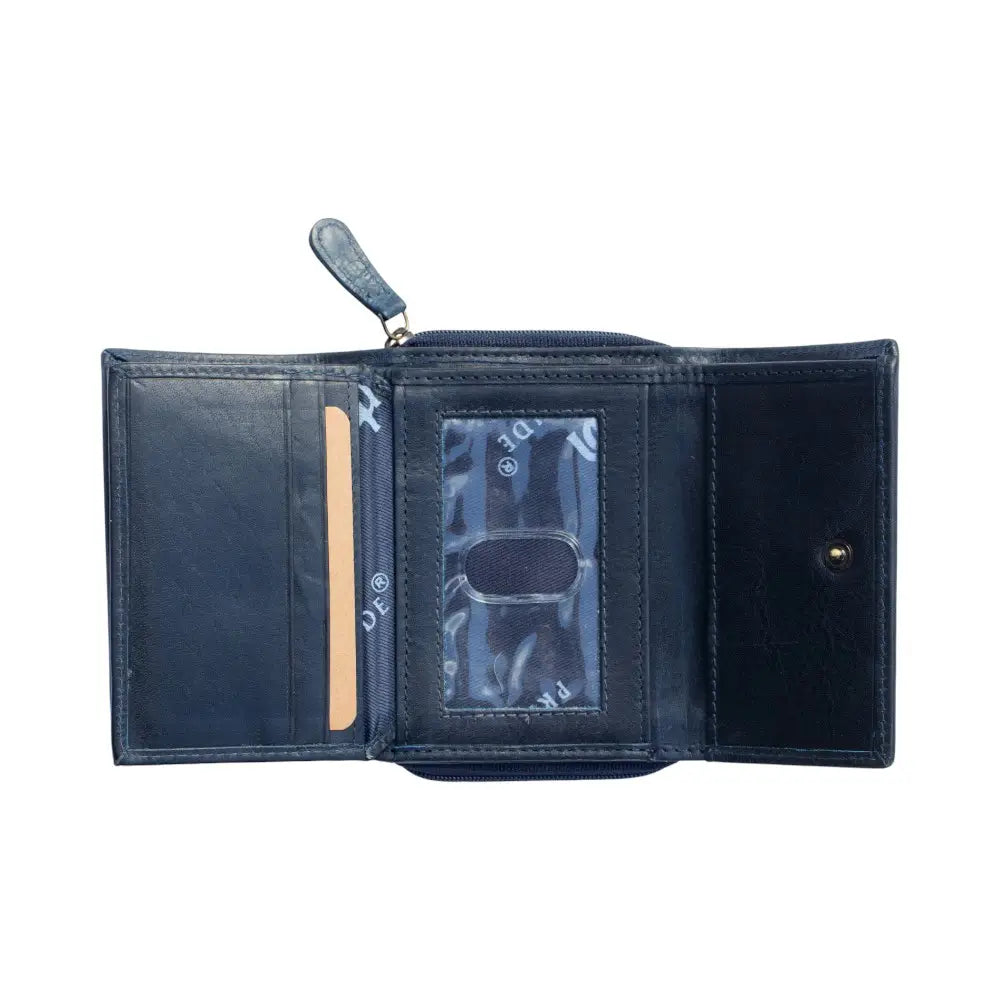 Open navy  wallet with card holder on a white background
