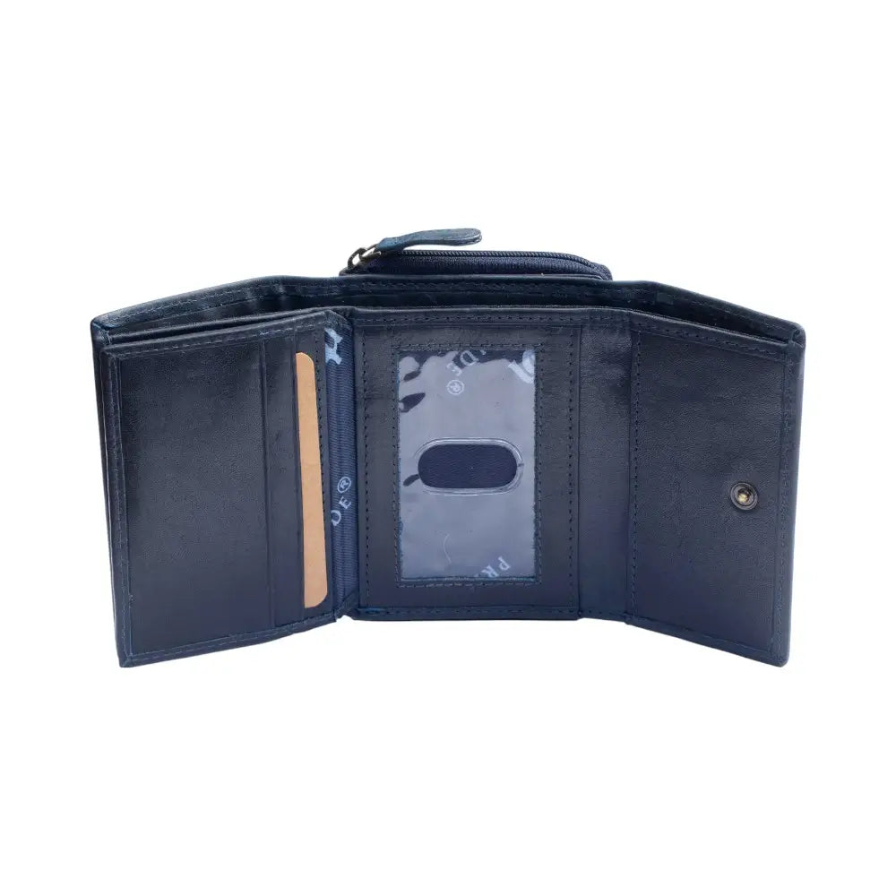 Navy leather wallet with card slots on a white background