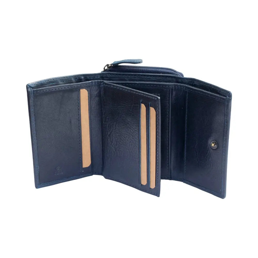 Open navy leather wallet on a white background
