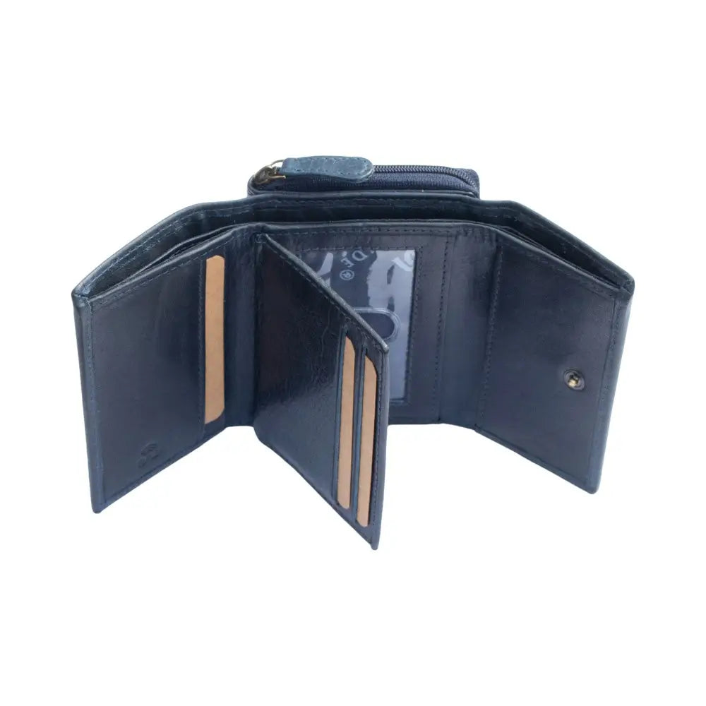Open navy wallet with card slots on a white background