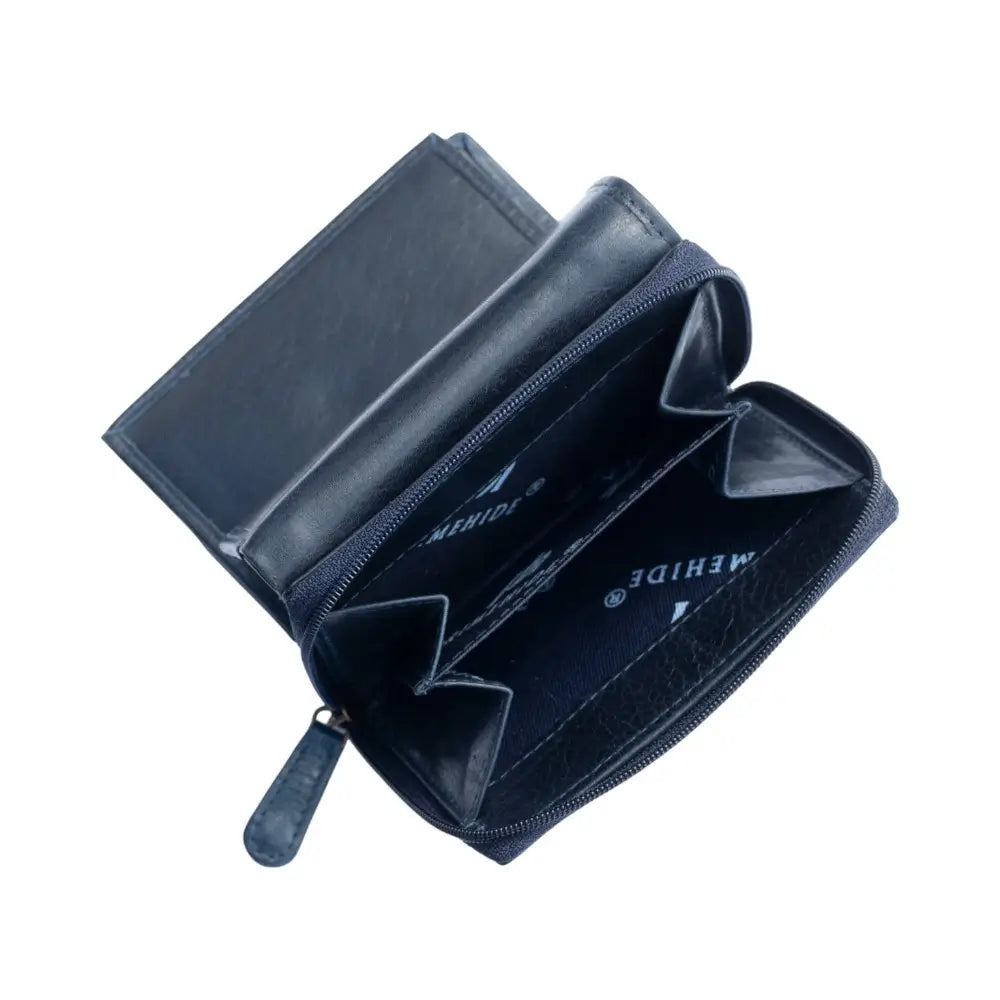 Navy leather wallet with visible brand name on a white background