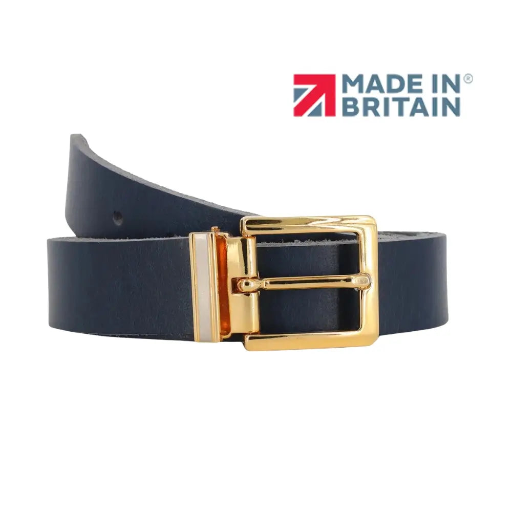 Navy leather belt with gold buckle on a white background, featuring 'Made in Britain' logo.