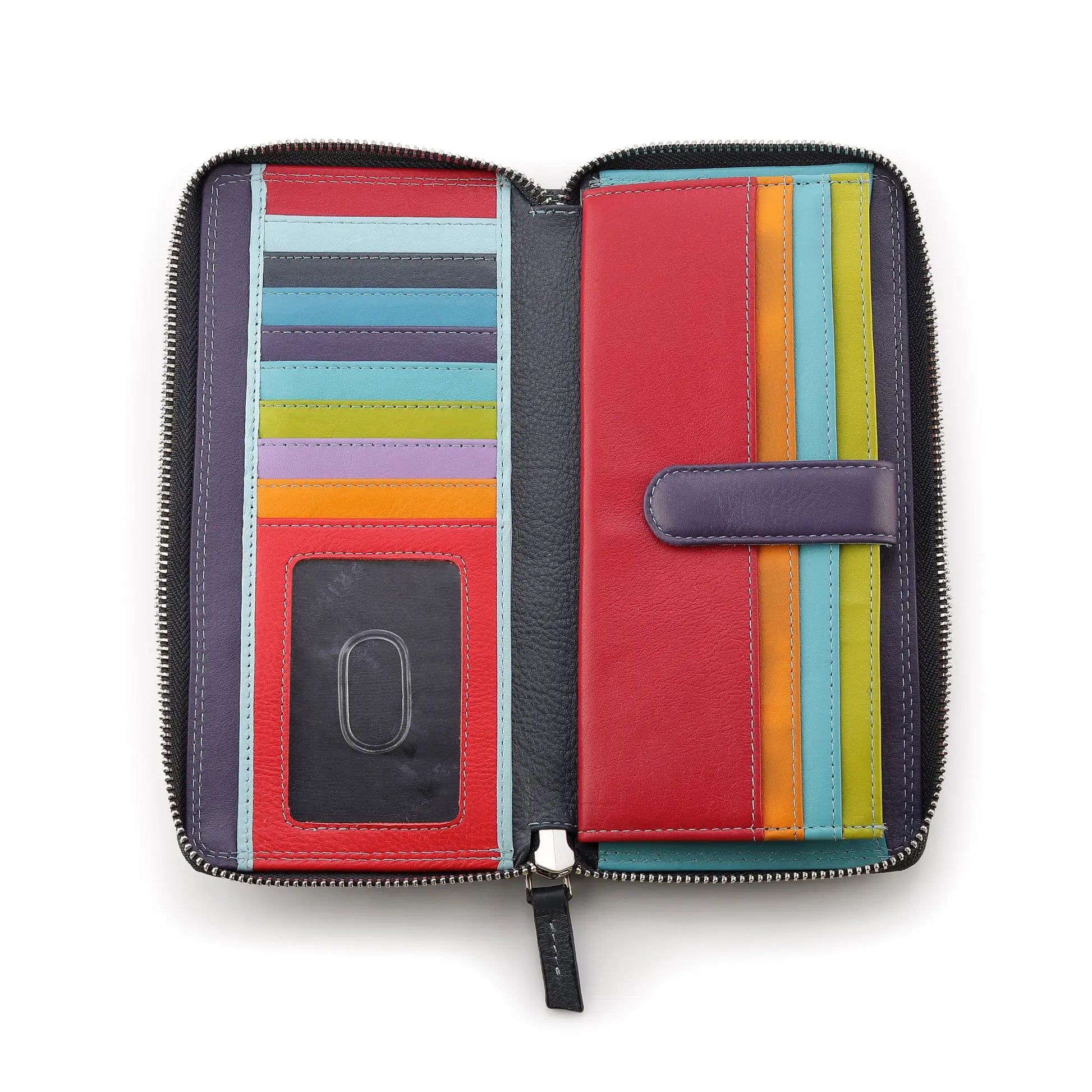 Open view of Navy purse with a zipper on a white background