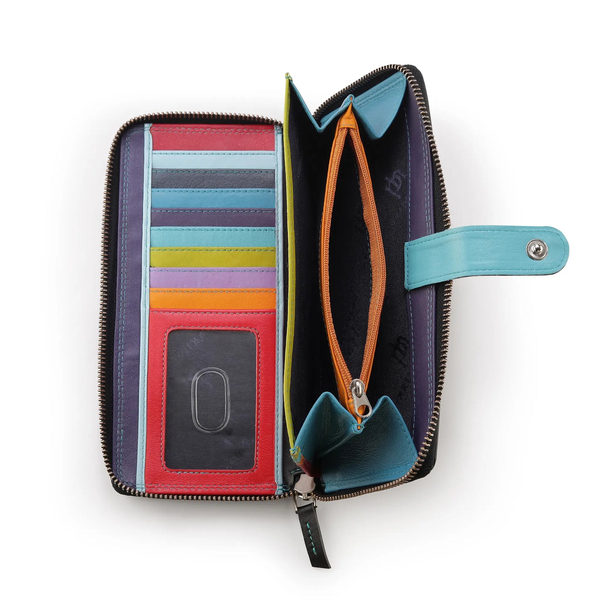 Inside view of Navy purse with a blue handle on a white background