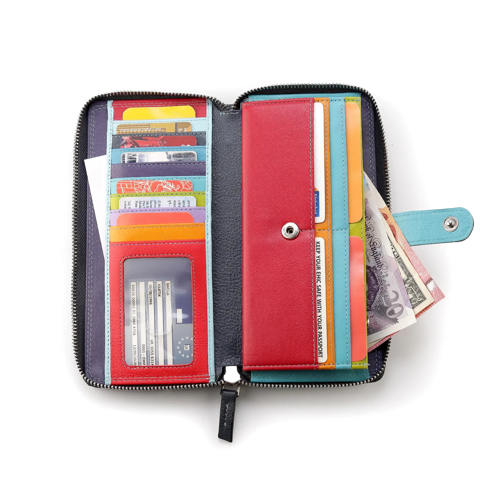 Open Navy purse with various cards and money on a white background