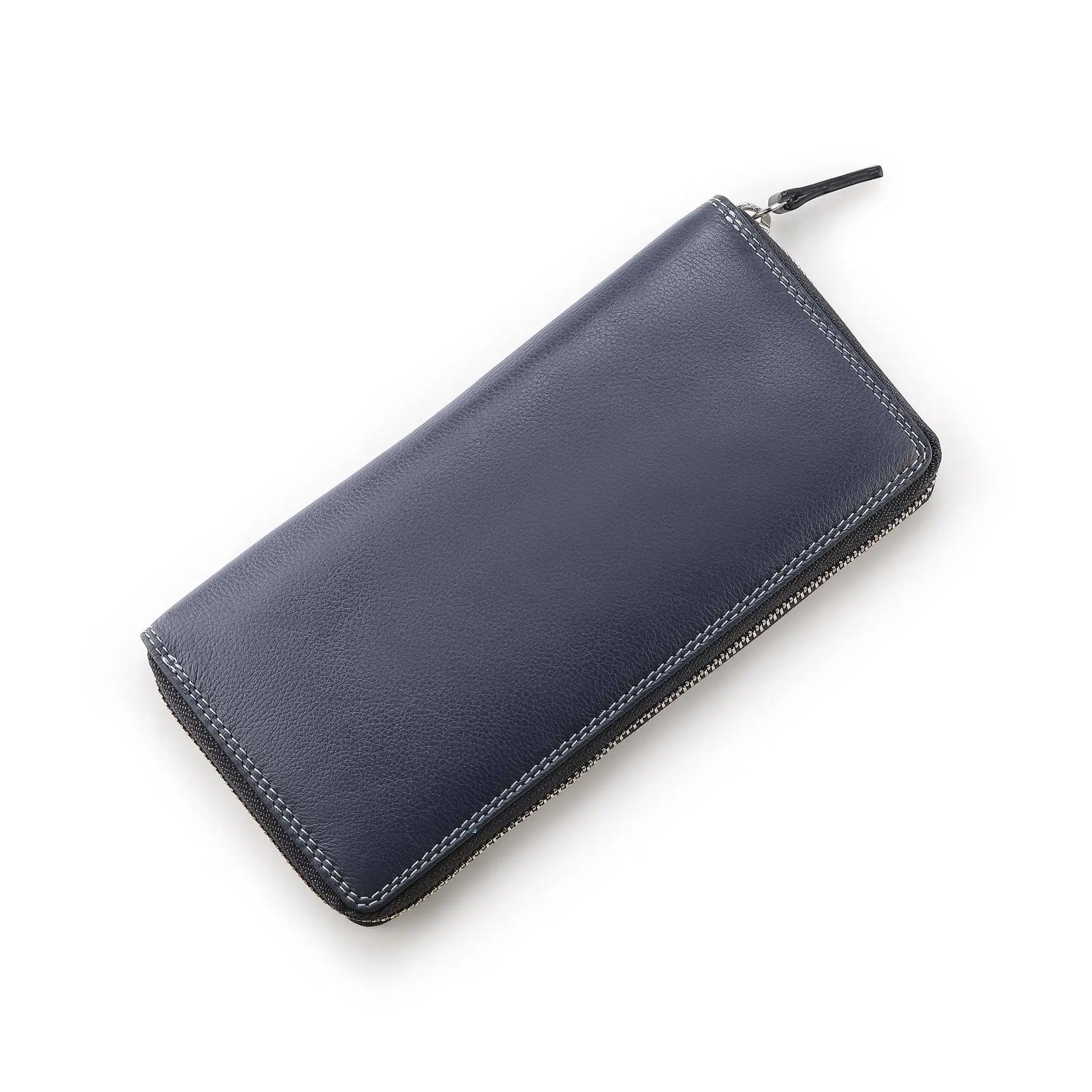 Navy purse with a zipper on a white background