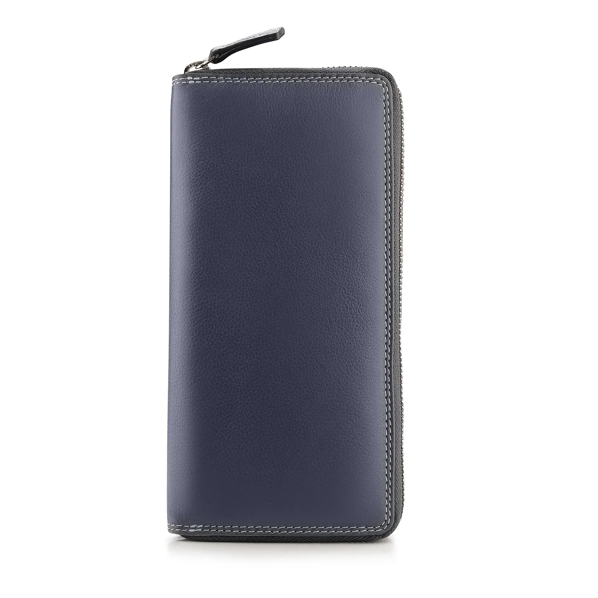 Navy leather purse with a zipper on a white background