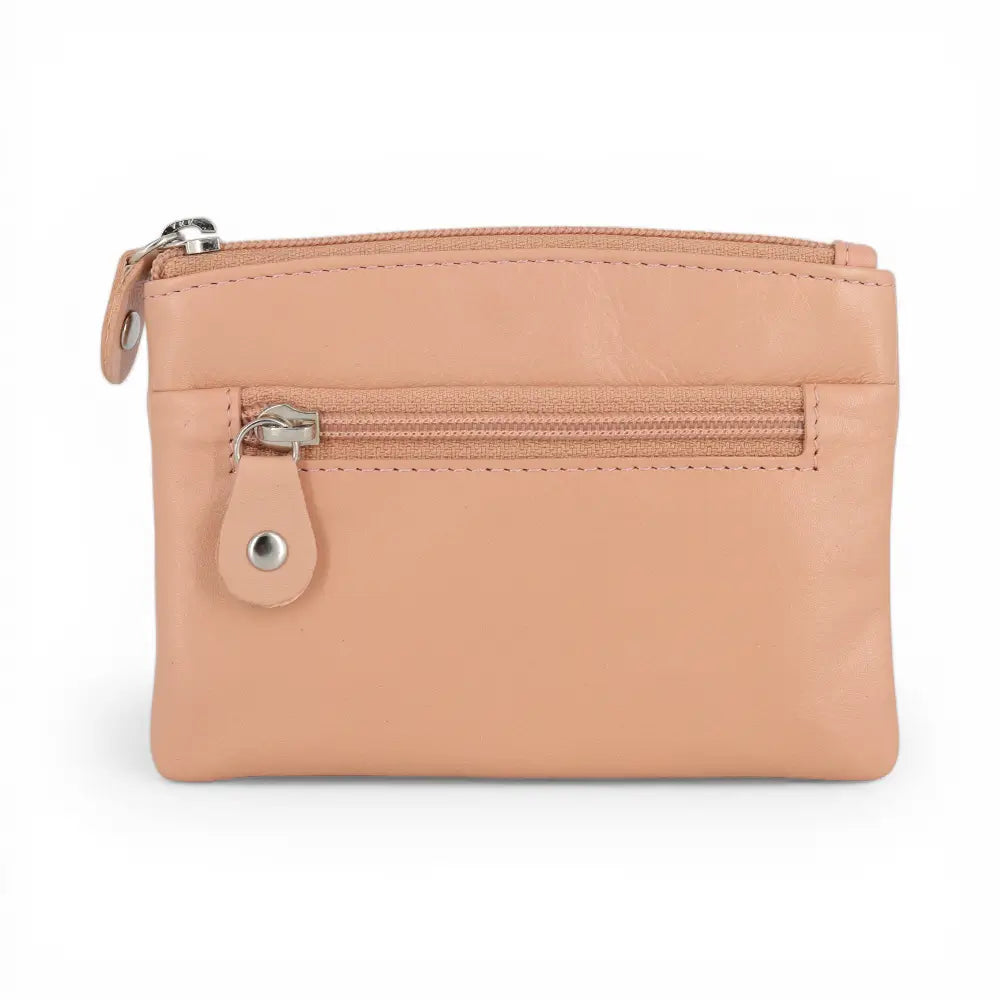 Rose leather wallet with a zipper on a white background