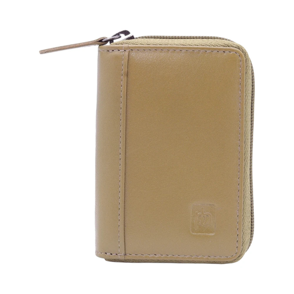 Olive leather wallet with a zipper on a white background