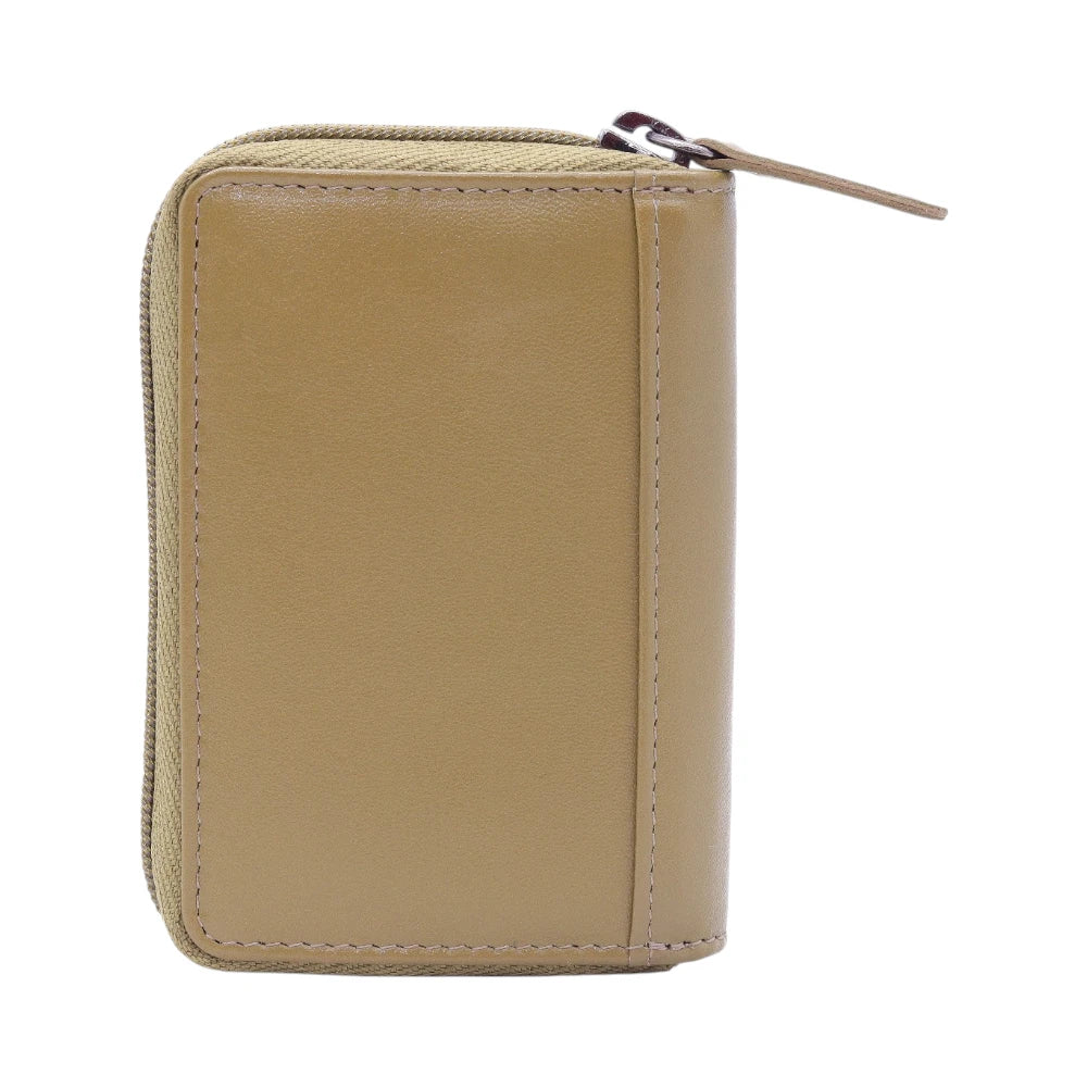 Olive leather wallet with a zipper on a white background