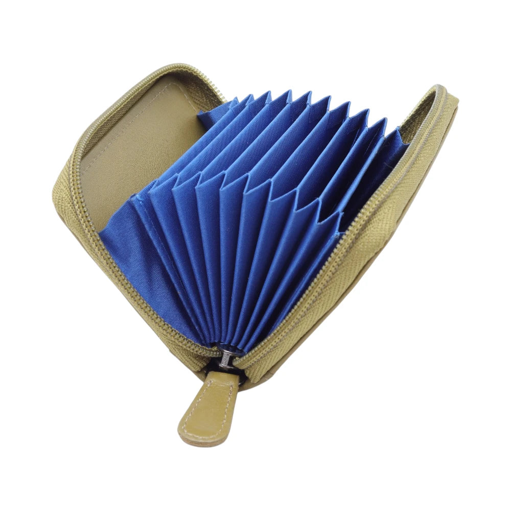 Olive wallet with blue card holder on a white background