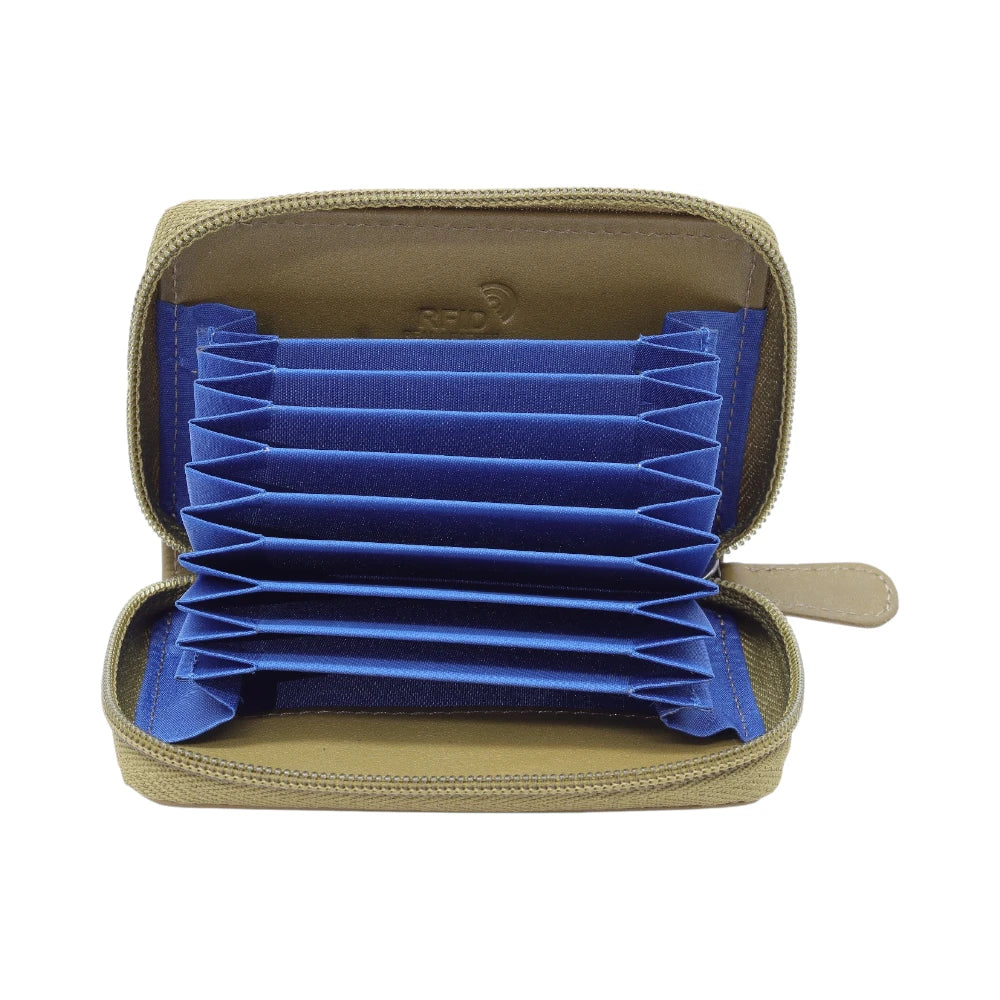 Open olive case with blue card organizer on a white background