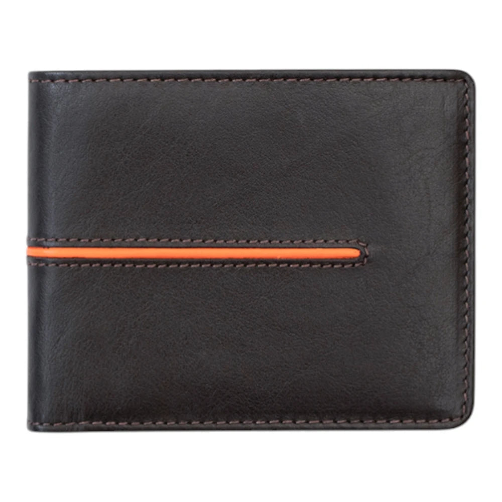 Front view of Brown  leather wallet with an orange stripe on a white background