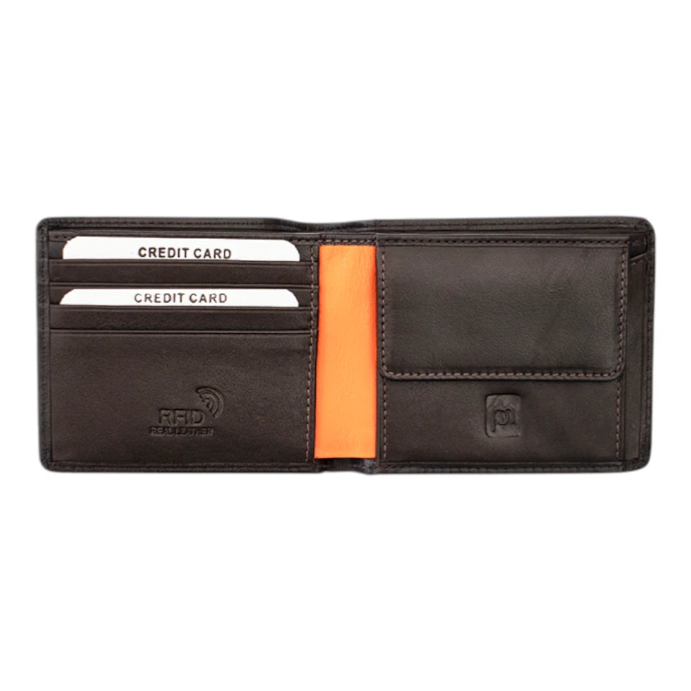Open view of Brown leather wallet with card slots on a white background