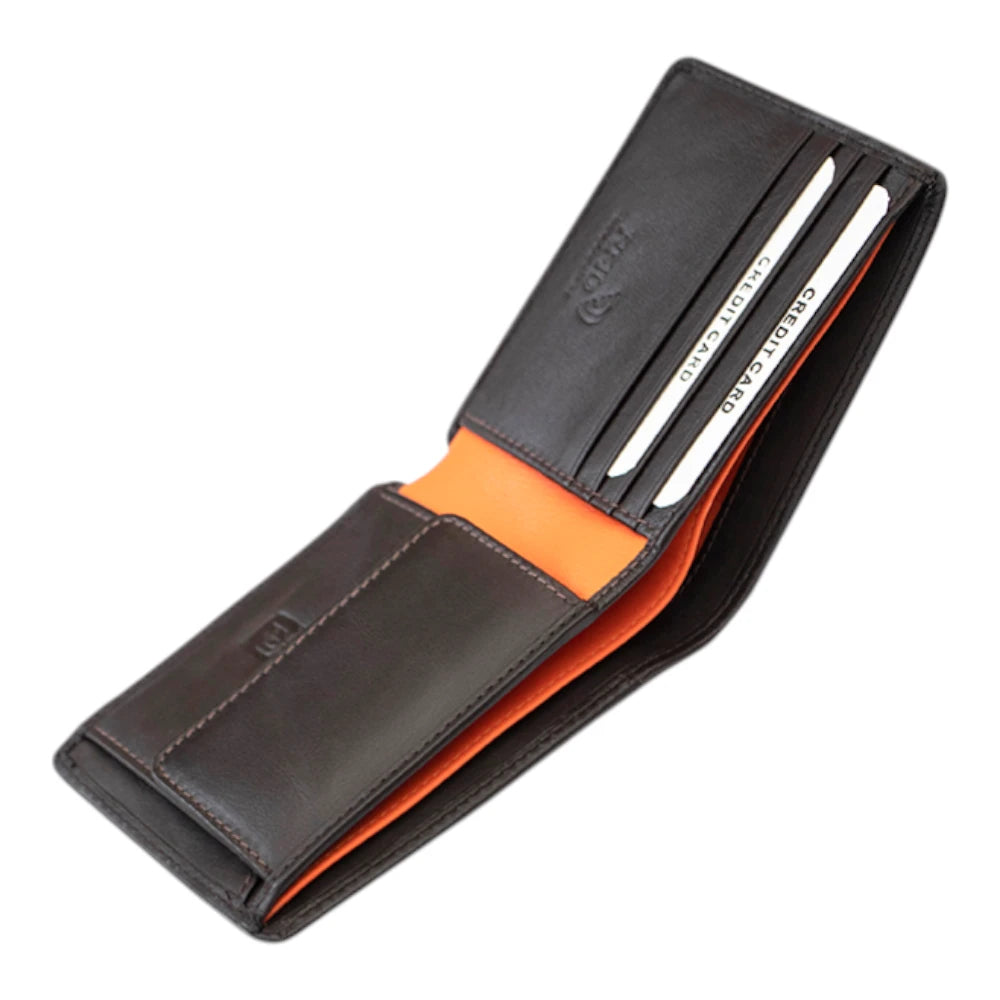 Open view of Brown leather wallet with orange interior on a white background