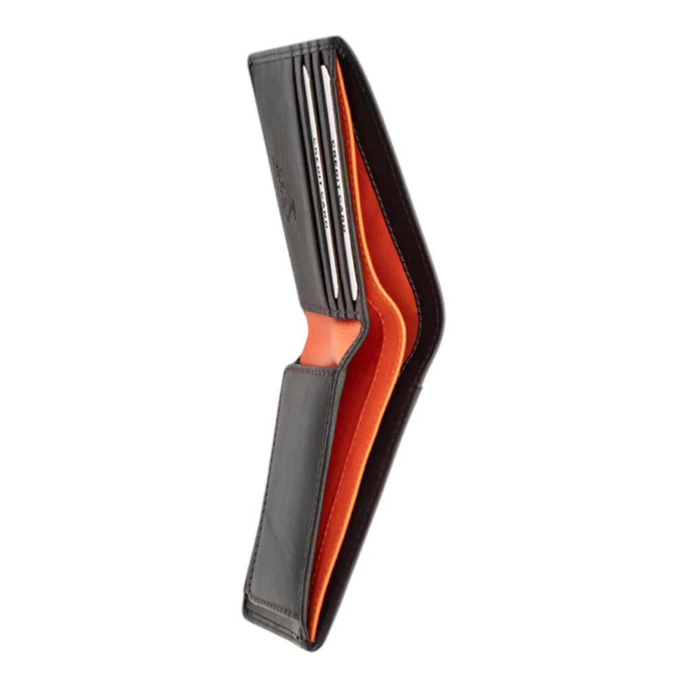 Angle view of Brown wallet with orange interior on a white background