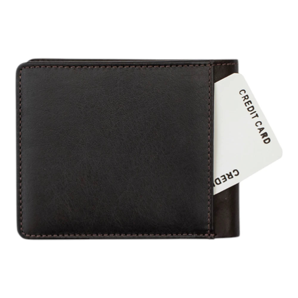 Back view of Brown leather wallet with a white credit card insert on a white background