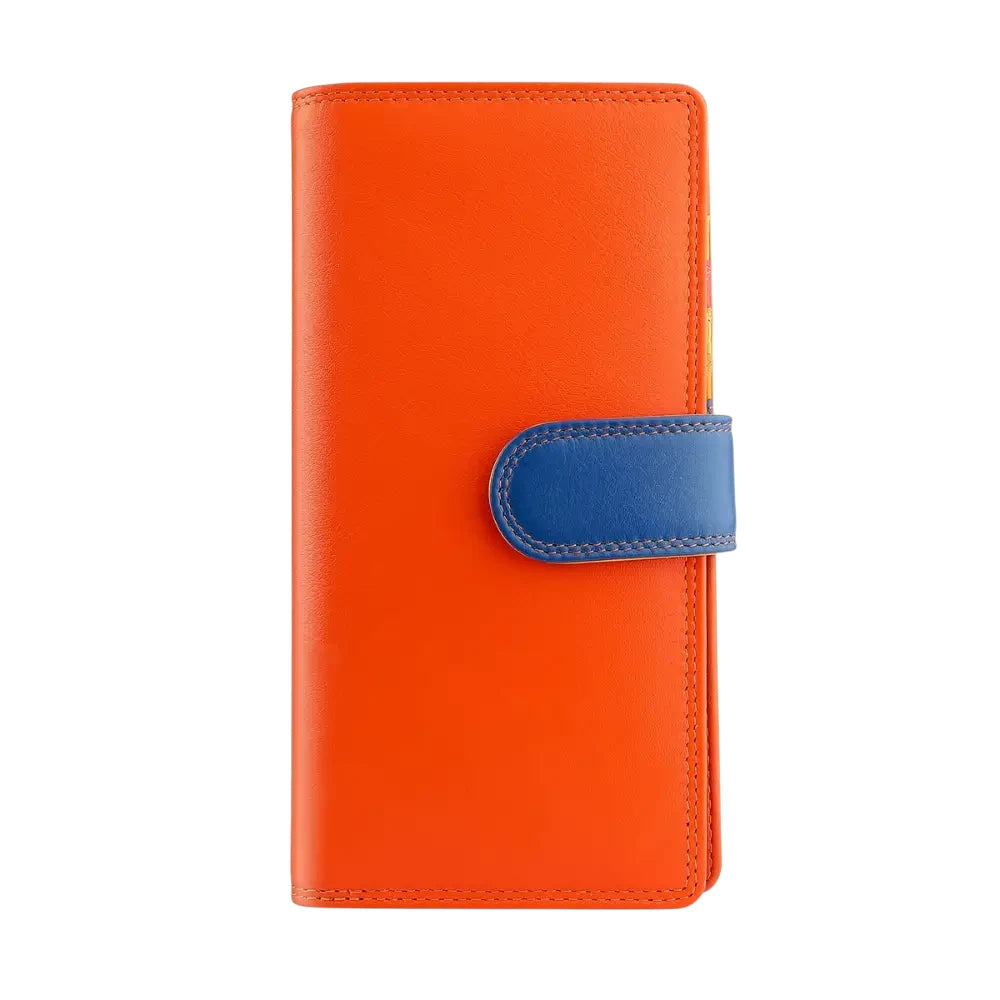 Front view of Orange wallet with a blue strap on a white background