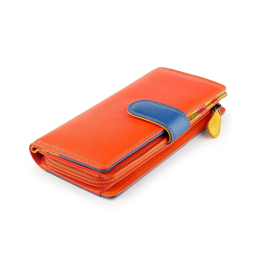 Orange wallet with blue and gold accents on a white background