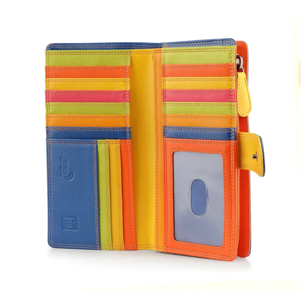 Orange wallet with multiple card slots on a white background