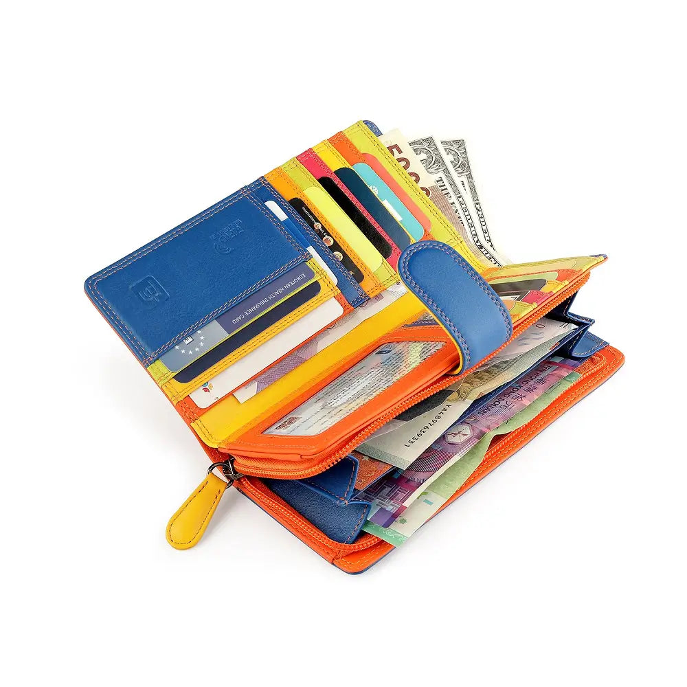 Orange wallet with cards and money on a white background