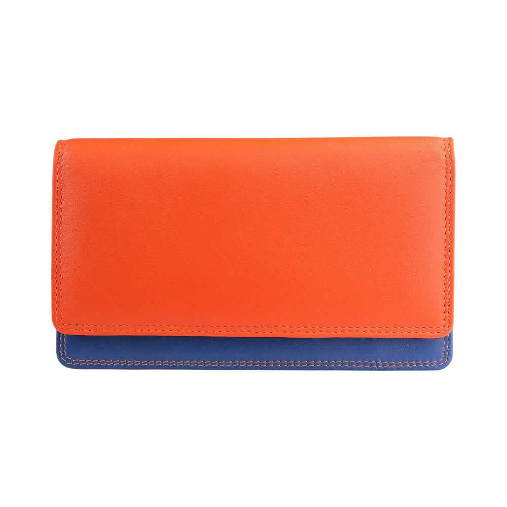 Front view of Orange wallet with blue bottom section on a white background