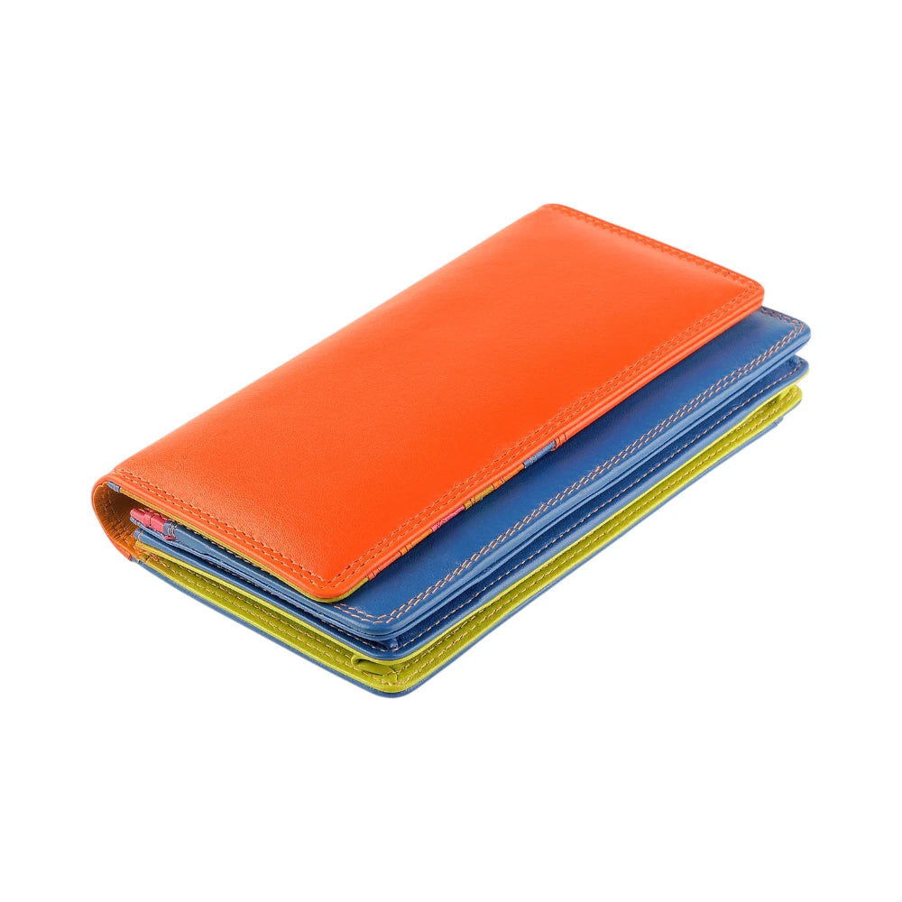 Top view of Orange wallet with blue bottom section on a white background
