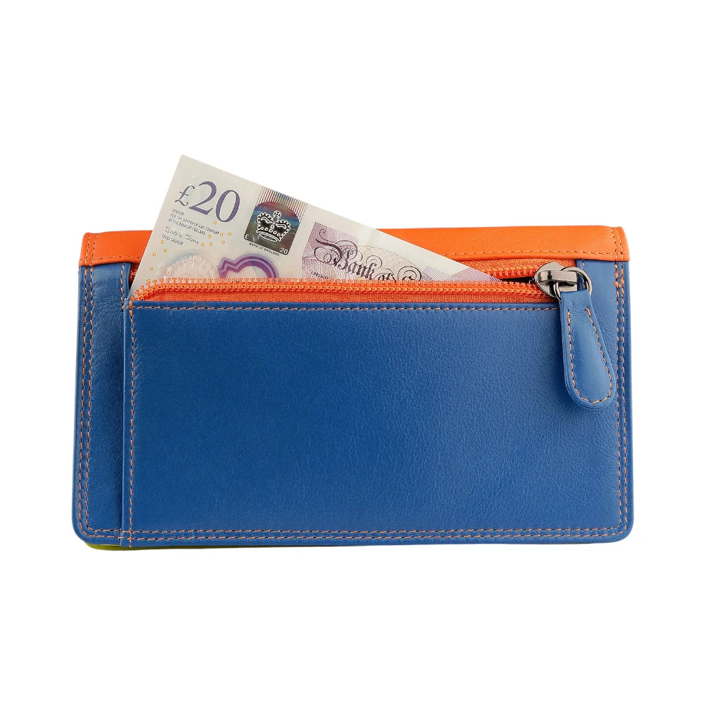 Back view of Orange wallet with blue bottom section on a white background