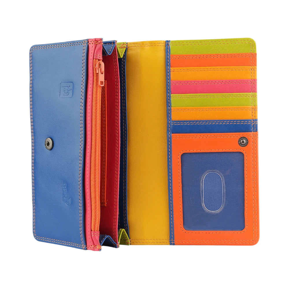Inside view of Orange wallet with blue bottom section on a white background