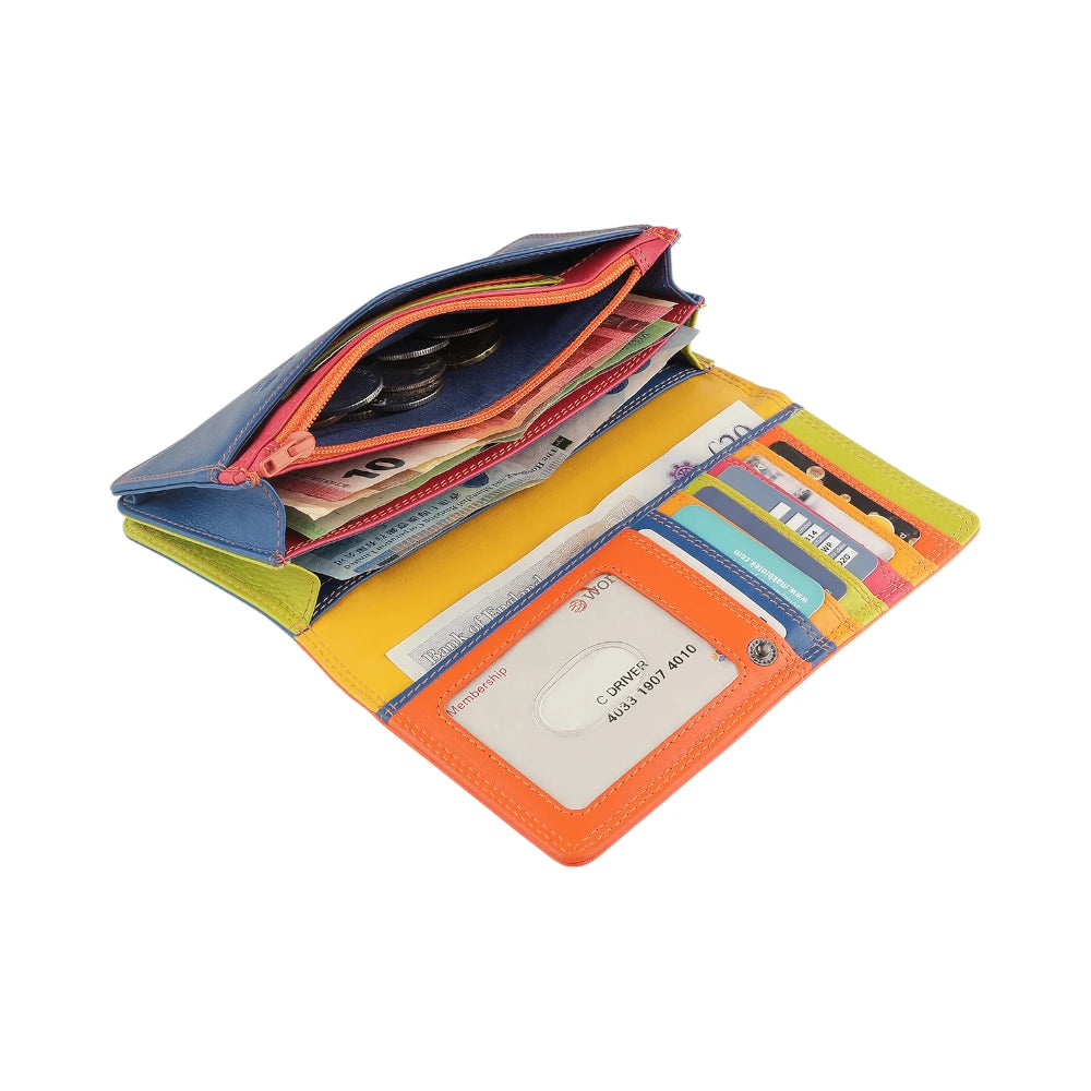Inside view of Orange wallet with blue bottom section on a white background