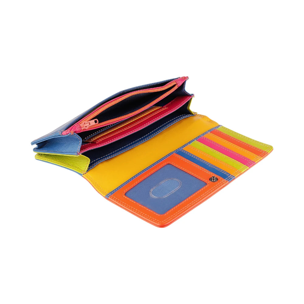 Inside view of Orange wallet with blue bottom section on a white background