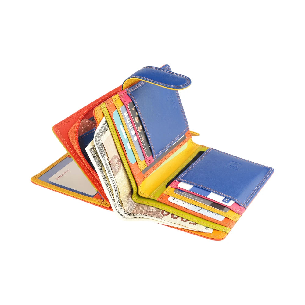 Orange wallet with cards and money on a white background