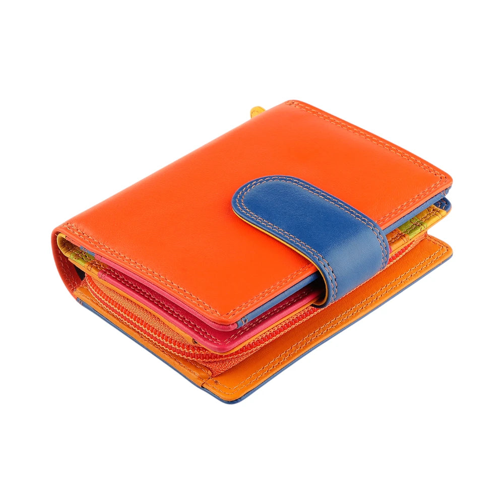 Orange leather wallet with blue strap on a white background