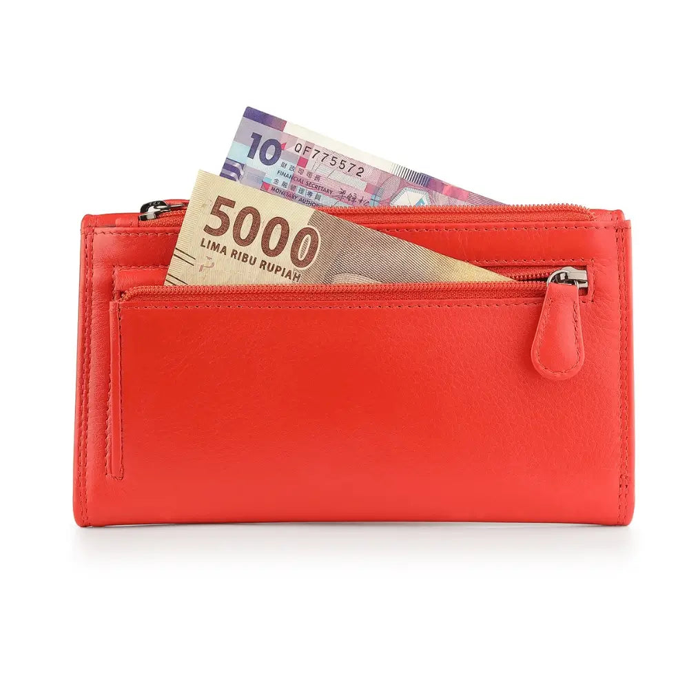 Back view of Orange  wallet with Indonesian rupiah banknotes on a white background