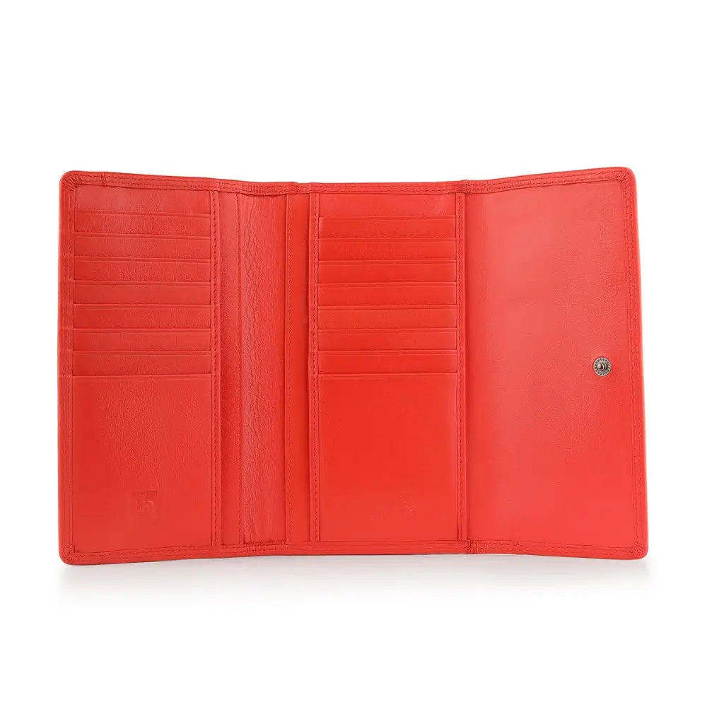 Inside view of Orange  wallet with multiple compartments on a white background