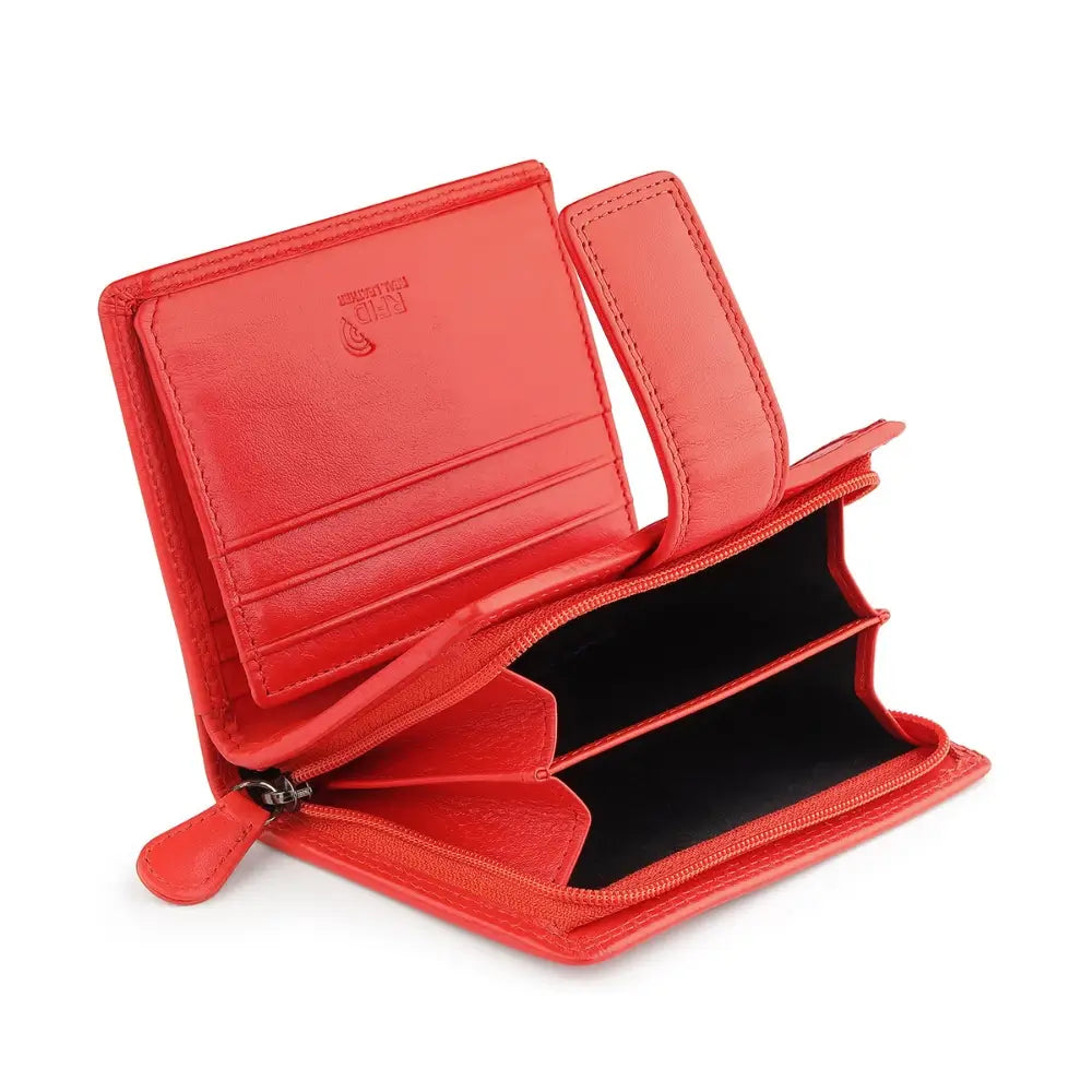 Orange wallet with a visible brand logo on a white background