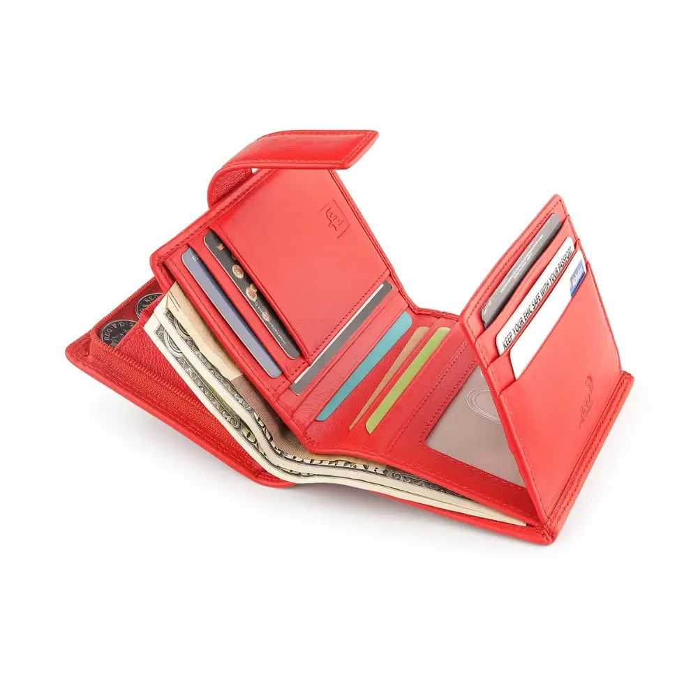 Orange wallet with card slots and money compartments on a white background