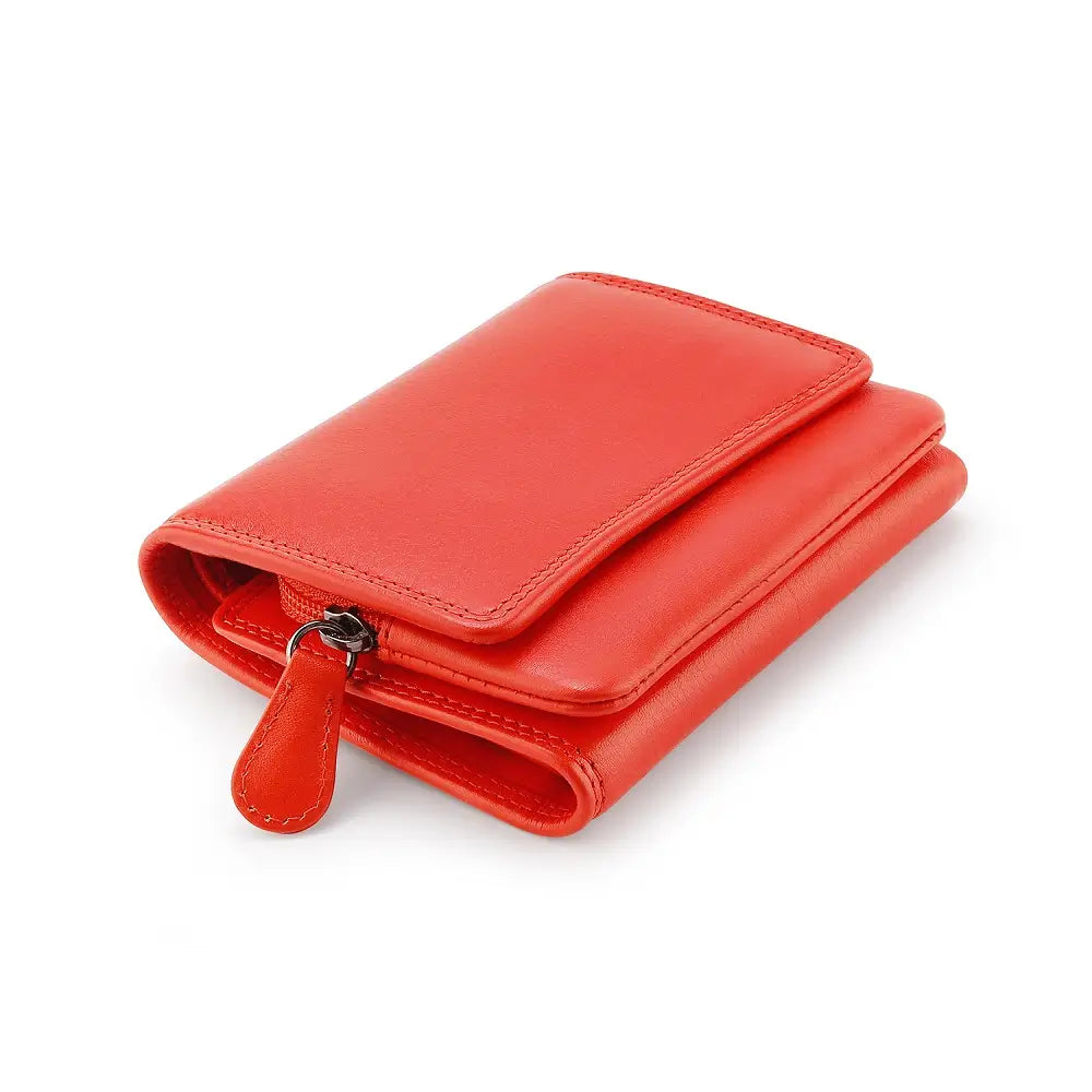 Top view of Orange  wallet with a strap on a white background