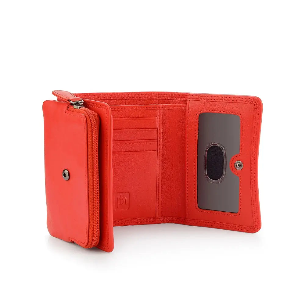 Open view of Orange  wallet with a visible brand logo on a white background