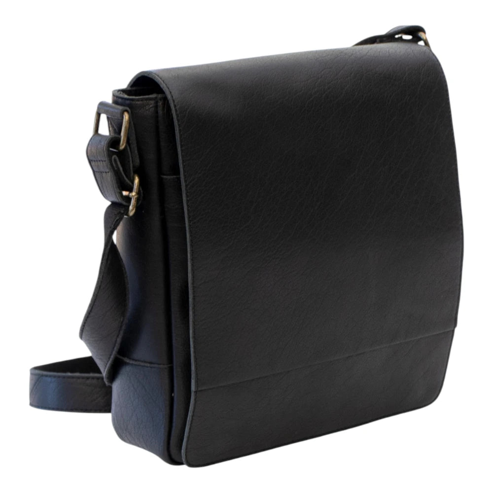 Angle view of Black leather bag on a white background